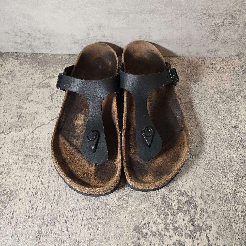 Birkenstock Women's 39 Sz 8 Black Birko-Flor Gizeh Sandals Faux Leather Comfort
